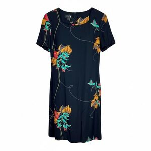 Debra Michaels Dress Womens 10 Black Floral Rayon Short Sleeve Shift Round Neck